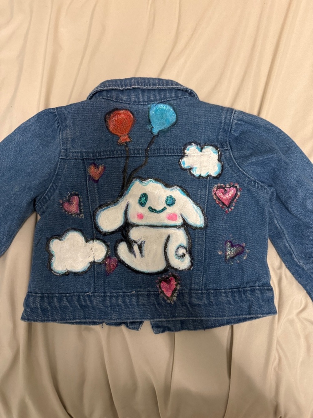 Hand-Painted Blue Denim Kids Jacket with Cute Character